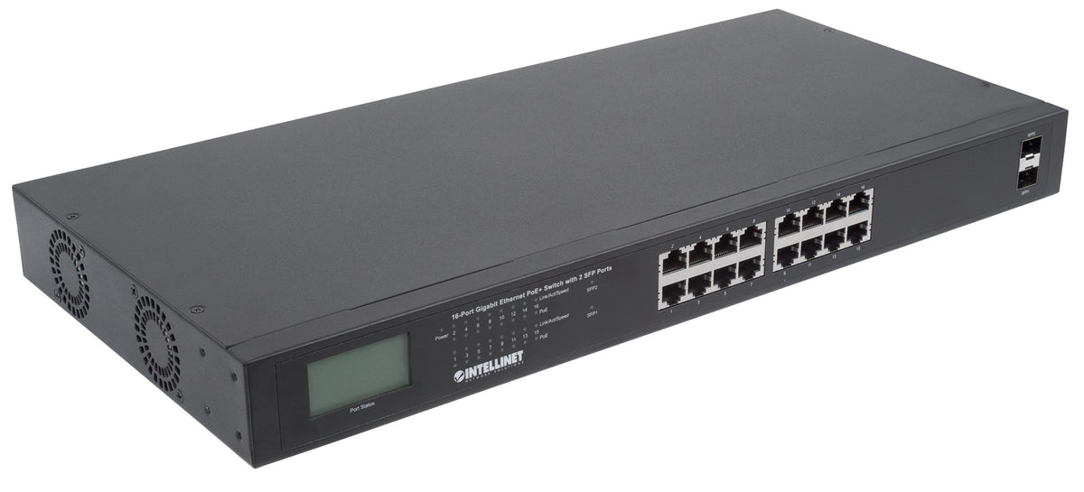 16-Port Gigabit Ethernet PoE+ Switch with 2 SFP Ports and LCD Screen Image 3