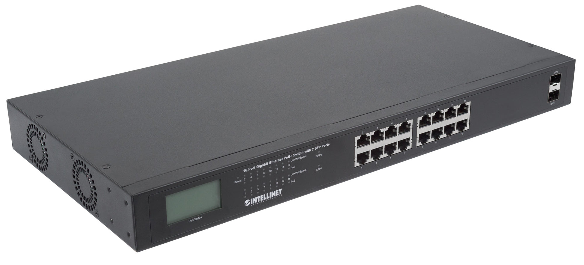 16-Port Gigabit Ethernet PoE+ Switch with 2 SFP Ports and LCD Screen Image 3