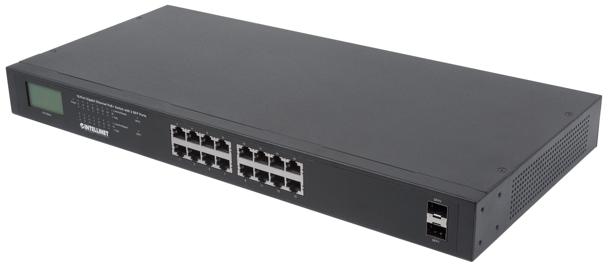 16-Port Gigabit Ethernet PoE+ Switch with 2 SFP Ports and LCD Screen Image 1
