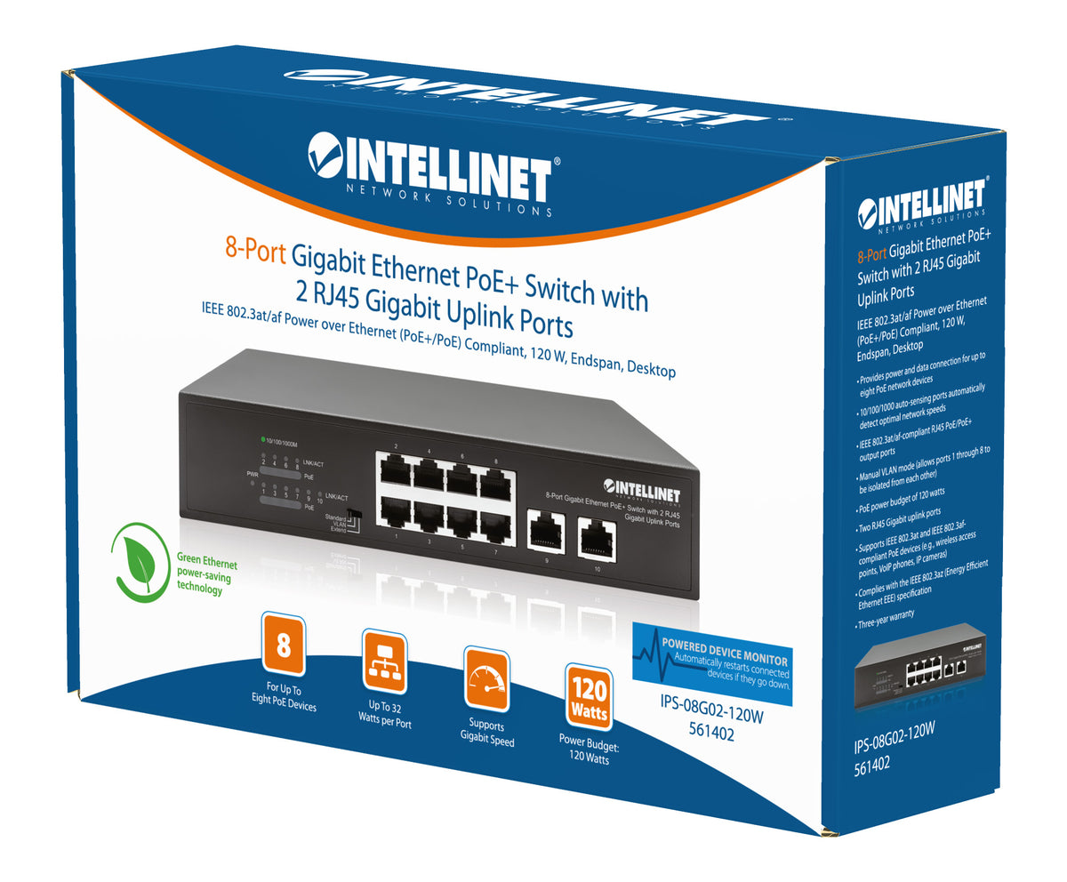 8-Port Gigabit Ethernet PoE+ Switch with 2 RJ45 Gigabit Uplink Ports Packaging Image 2
