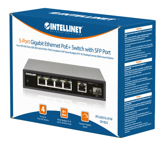 5-Port Gigabit Ethernet PoE+ Switch with SFP Port Packaging Image 2