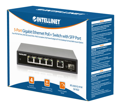 5-Port Gigabit Ethernet PoE+ Switch with SFP Port Packaging Image 2