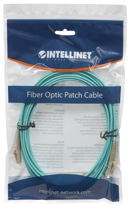 3 m LC to LC UPC Fiber Optic Patch Cable, 3.0 mm, Duplex, LSZH, OM3 Multimode, Aqua Packaging Image 2