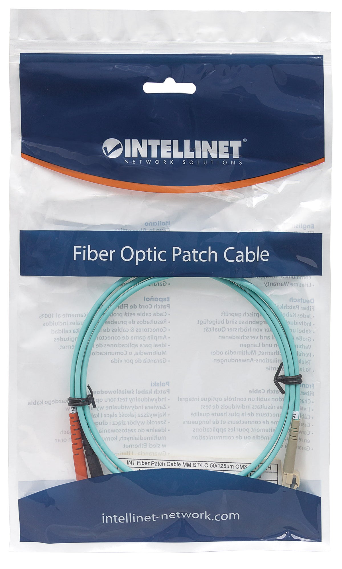 2 m LC to ST UPC Fiber Optic Patch Cable, 3.0 mm, Duplex, LSZH, OM3 Multimode, Aqua Packaging Image 2