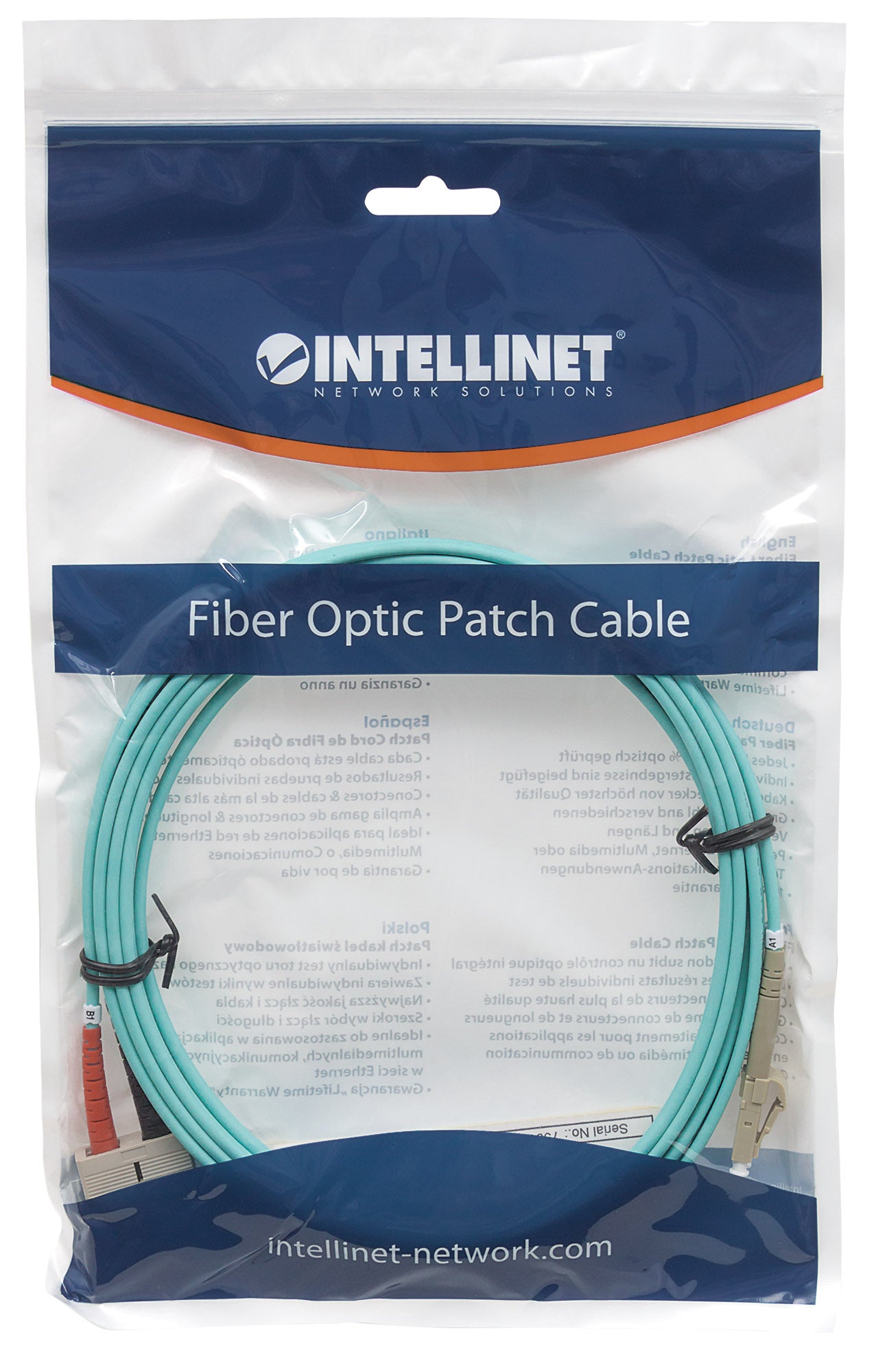 5 m LC to SC UPC Fiber Optic Patch Cable, 3.0 mm, Duplex, LSZH, OM3 Multimode, Aqua Packaging Image 2