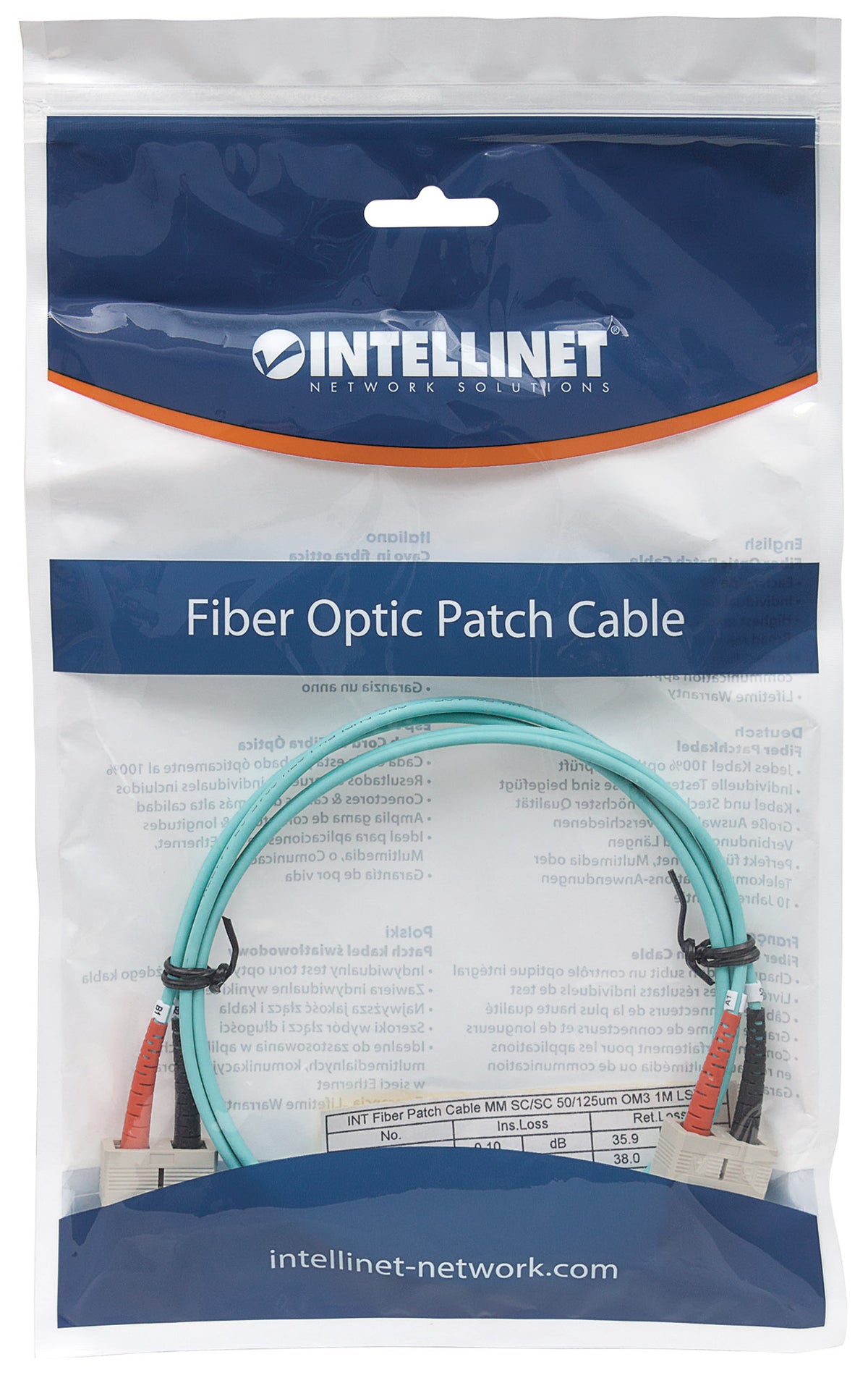 3 m SC to SC UPC Fiber Optic Patch Cable, 3.0 mm, Duplex, LSZH, OM3 Multimode, Aqua Packaging Image 2