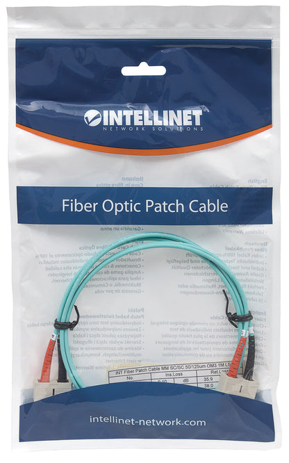 3 m SC to SC UPC Fiber Optic Patch Cable, 3.0 mm, Duplex, LSZH, OM3 Multimode, Aqua Packaging Image 2