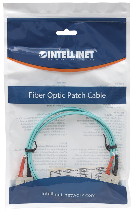 3 m SC to SC UPC Fiber Optic Patch Cable, 3.0 mm, Duplex, LSZH, OM3 Multimode, Aqua Packaging Image 2