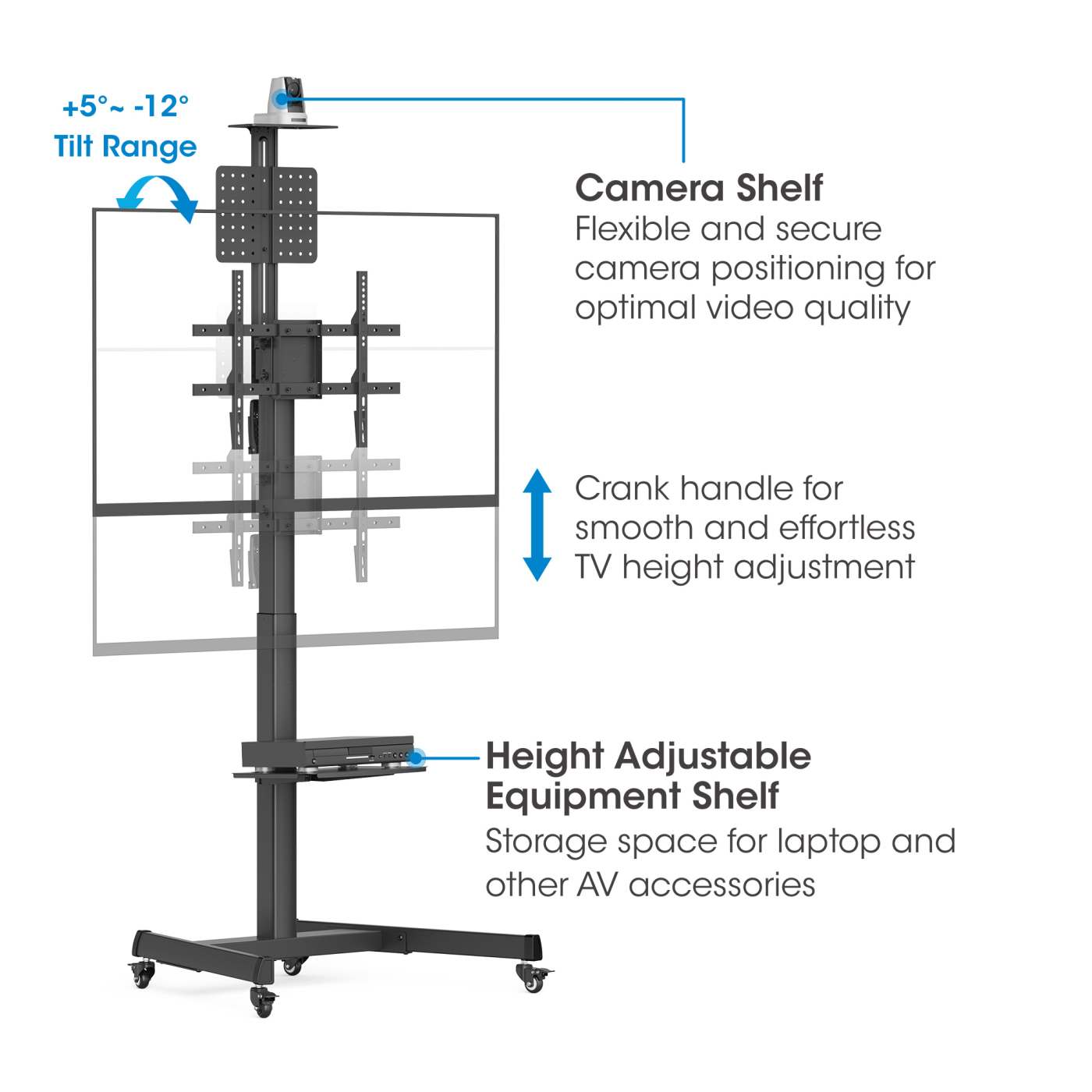 Multimedia TV Cart with Tool-Free Height Adjustment, for 37" to 86" Displays Image 4