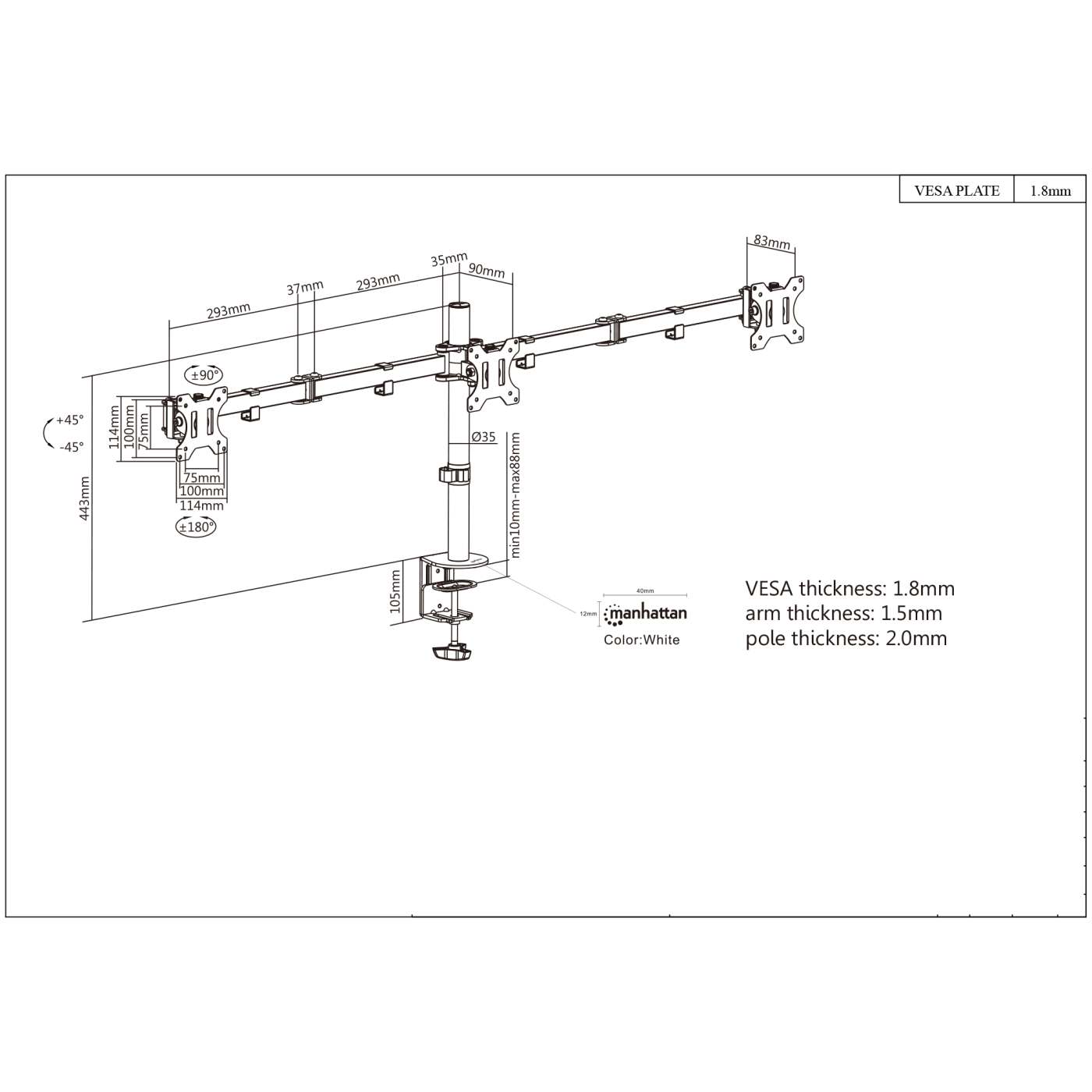Triple Monitor Mount with Center Mount and Double-Link Swing Arms, for 13" to 27" Displays Image 8