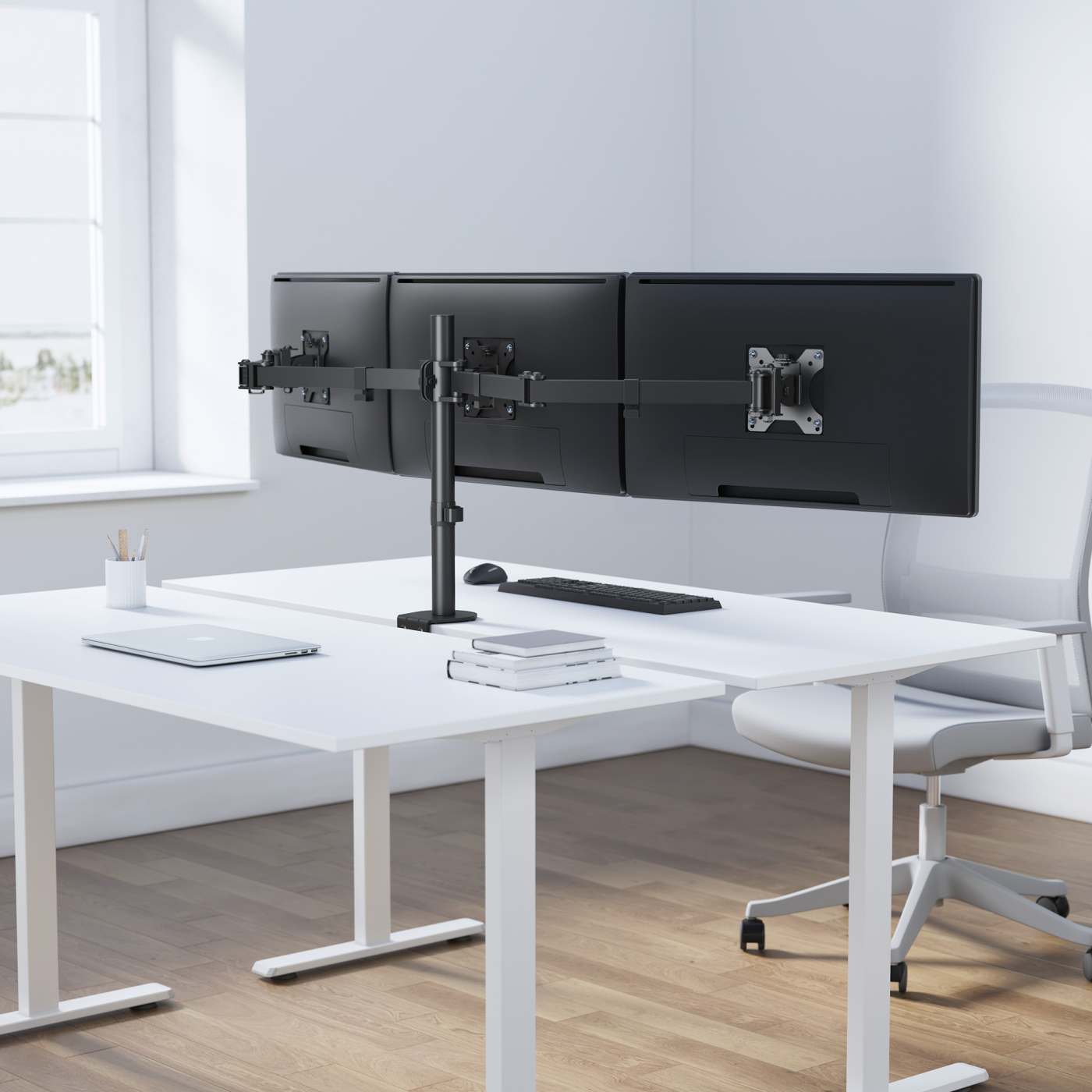 Triple Monitor Mount with Center Mount and Double-Link Swing Arms, for 13" to 27" Displays Image 9