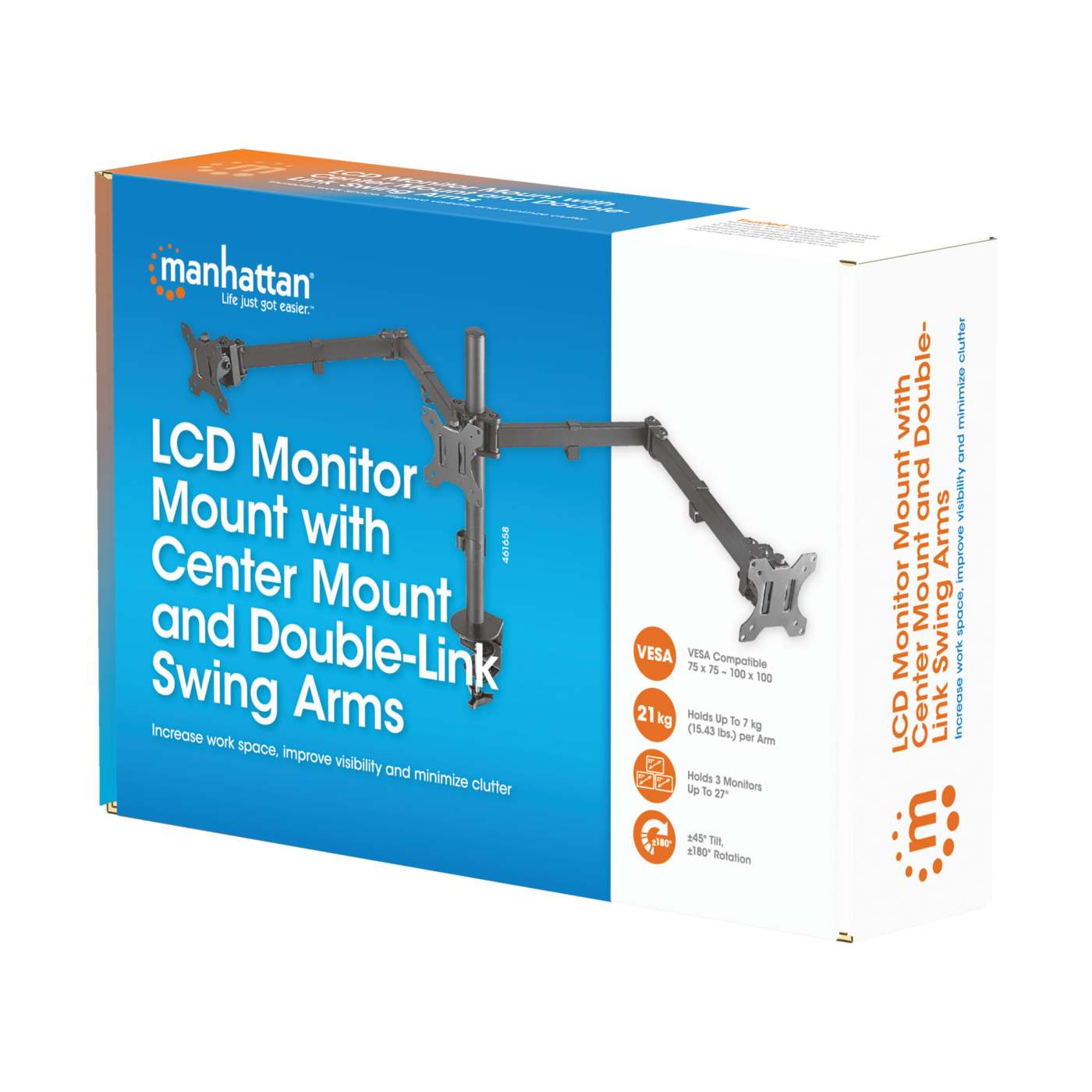 Triple Monitor Mount with Center Mount and Double-Link Swing Arms, for 13" to 27" Displays Packaging Image 2
